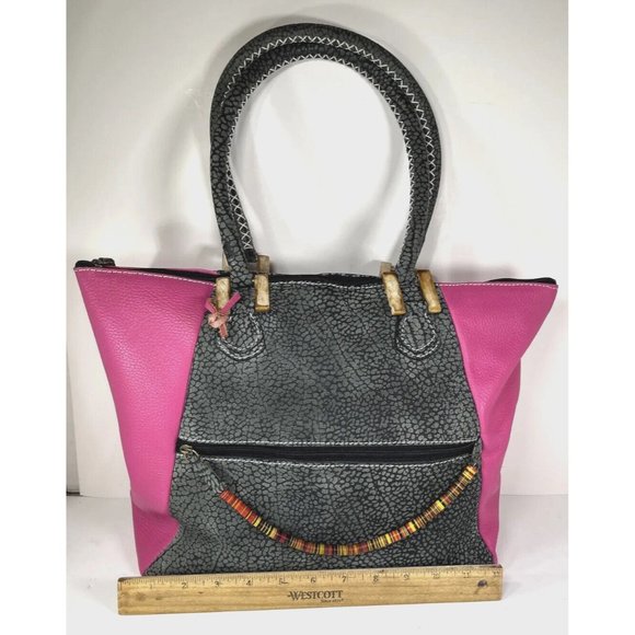 African Lily Pink and Gray Leather Tote Bag - Picture 10 of 16